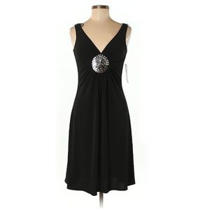 London Times Black Midi Dress with Silver Medallion Accent